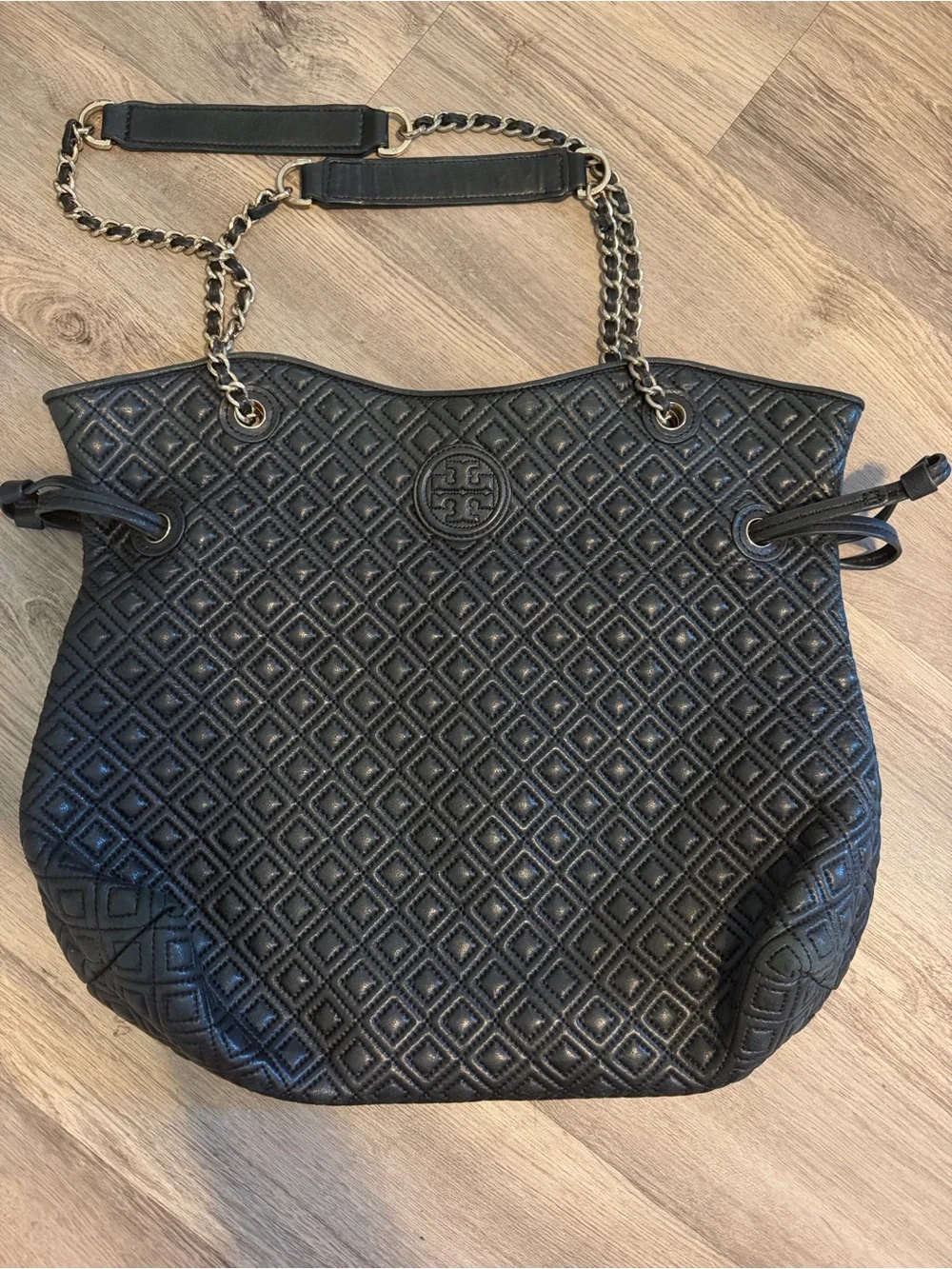 Tory Burch Black Quilted Leather Tote with Chain-Strap